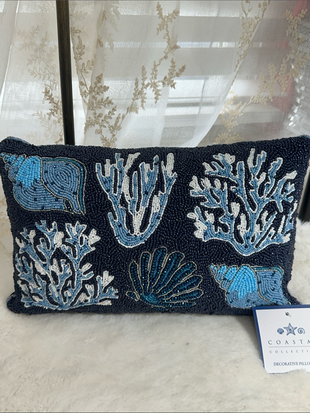 Coastal collection blue beaded sea shells decor pillow